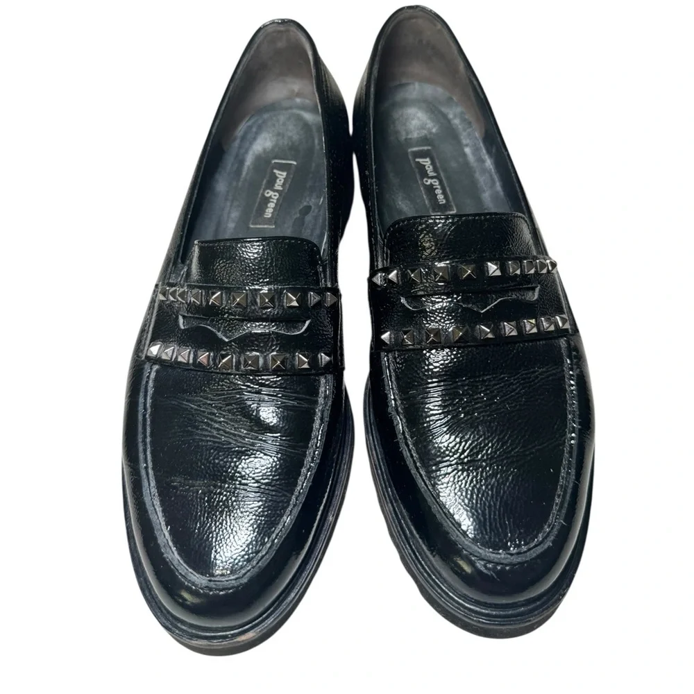 Paul Green Sofia Black Patent Studded Platform Loafers Shoes Size 6.5